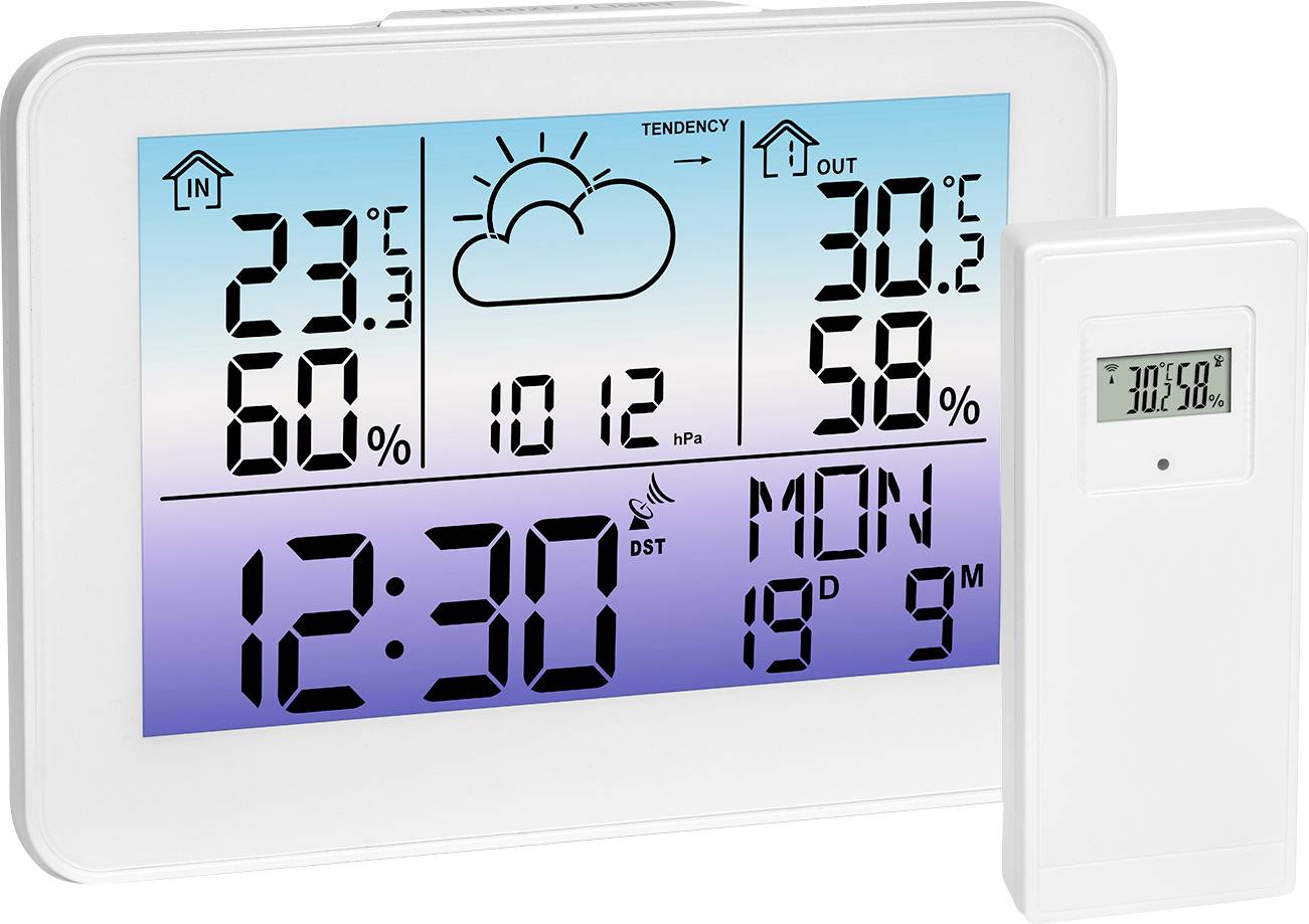 Digitaal weerstation met binnentemperatuur 23,5°C, luchtvochtigheid 60%, en buitentemperatuur 30,2°C, luchtvochtigheid 58%. Kenmerkt zich met weersvoorspelling met bewolking, barometerstand 1012 hPa, en tijd 12:30.