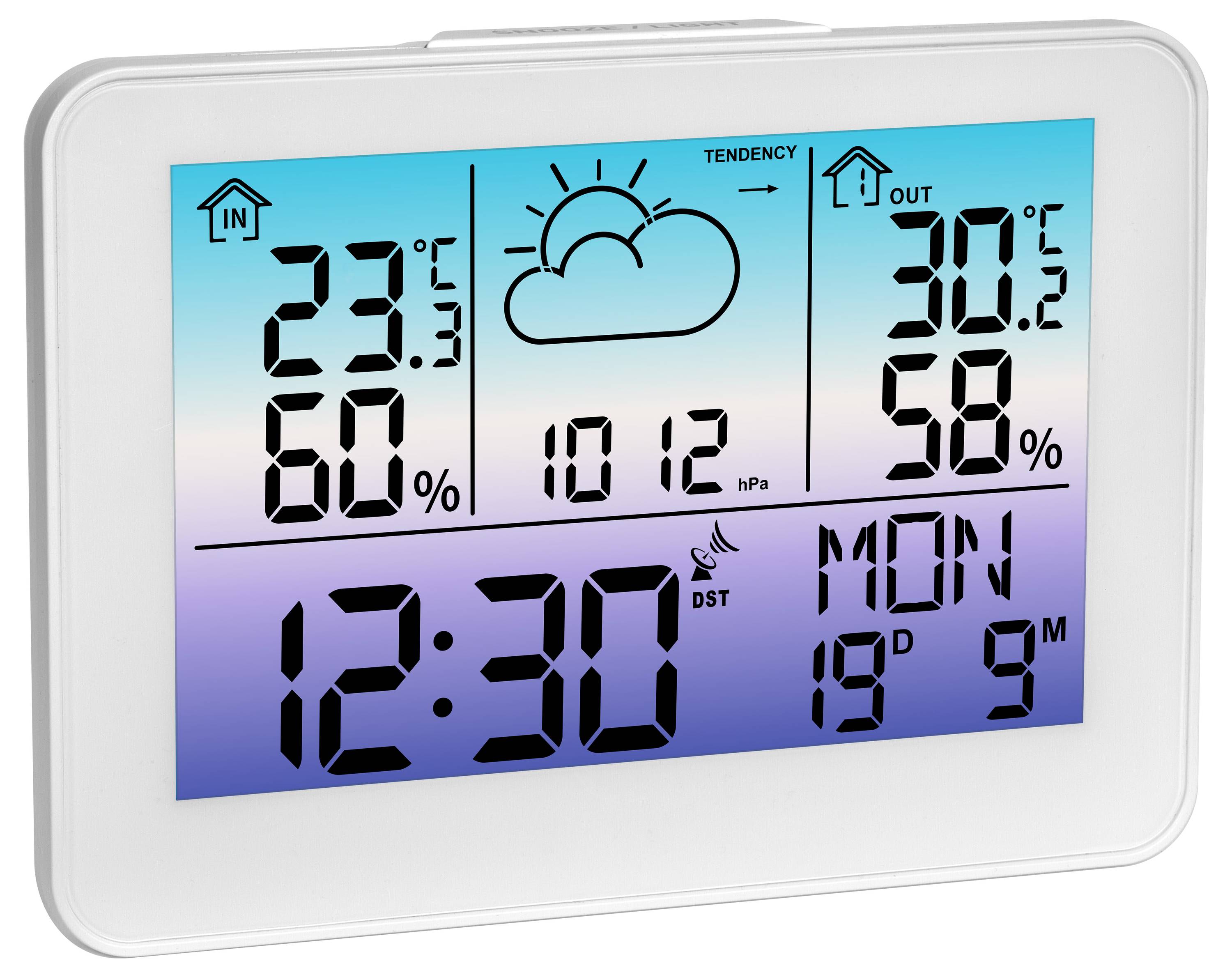 Een digitaal weerstation-scherm toont een binnentemperatuur van 23,5°C, 60% luchtvochtigheid, een buitentemperatuur van 30,5°C, 58% luchtvochtigheid, luchtdruktrend, tijd om 12:30 uur, en dag als maandag 18e.