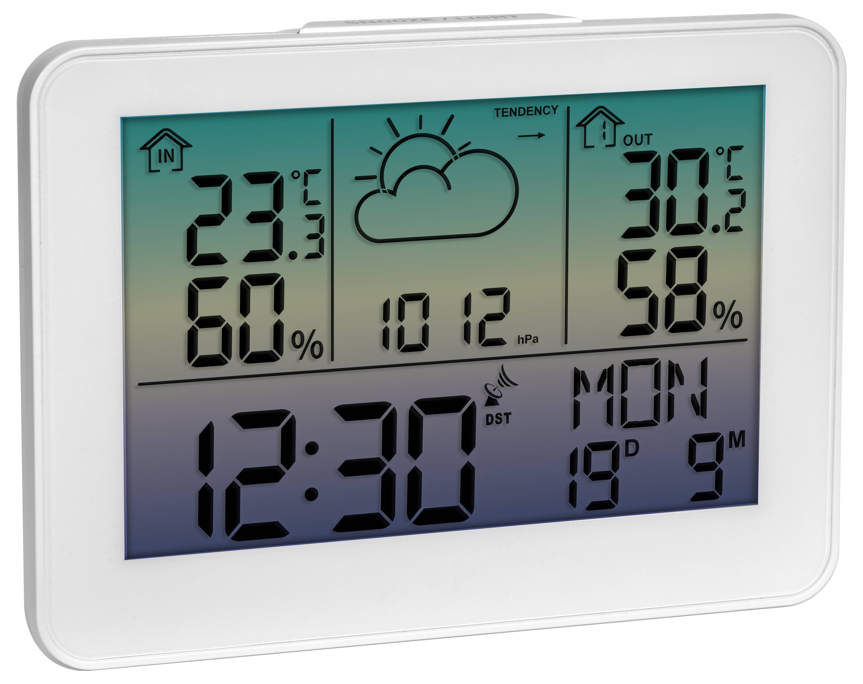 Een digitaal weerstation-display toont binnentemperatuur 23°C, luchtvochtigheid 60%, buitentemperatuur 30°C, luchtvochtigheid 58%, tijd 12:30, luchtdruk 1012 hPa.