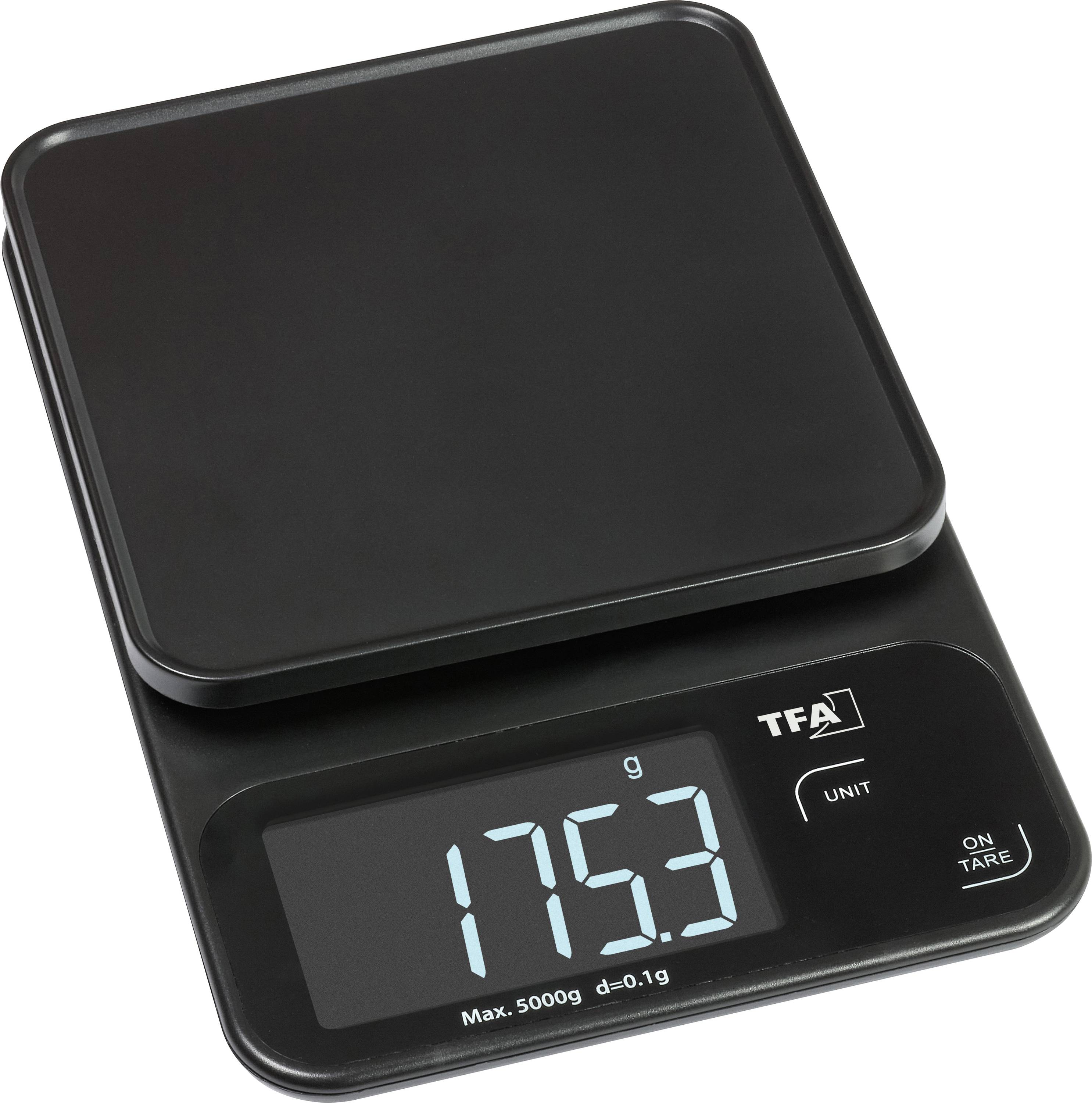Digitale keukenweegschaal die 175,3 gram weergeeft, met toetsen voor eenheidswisseling en tarra, op een zwart platform.