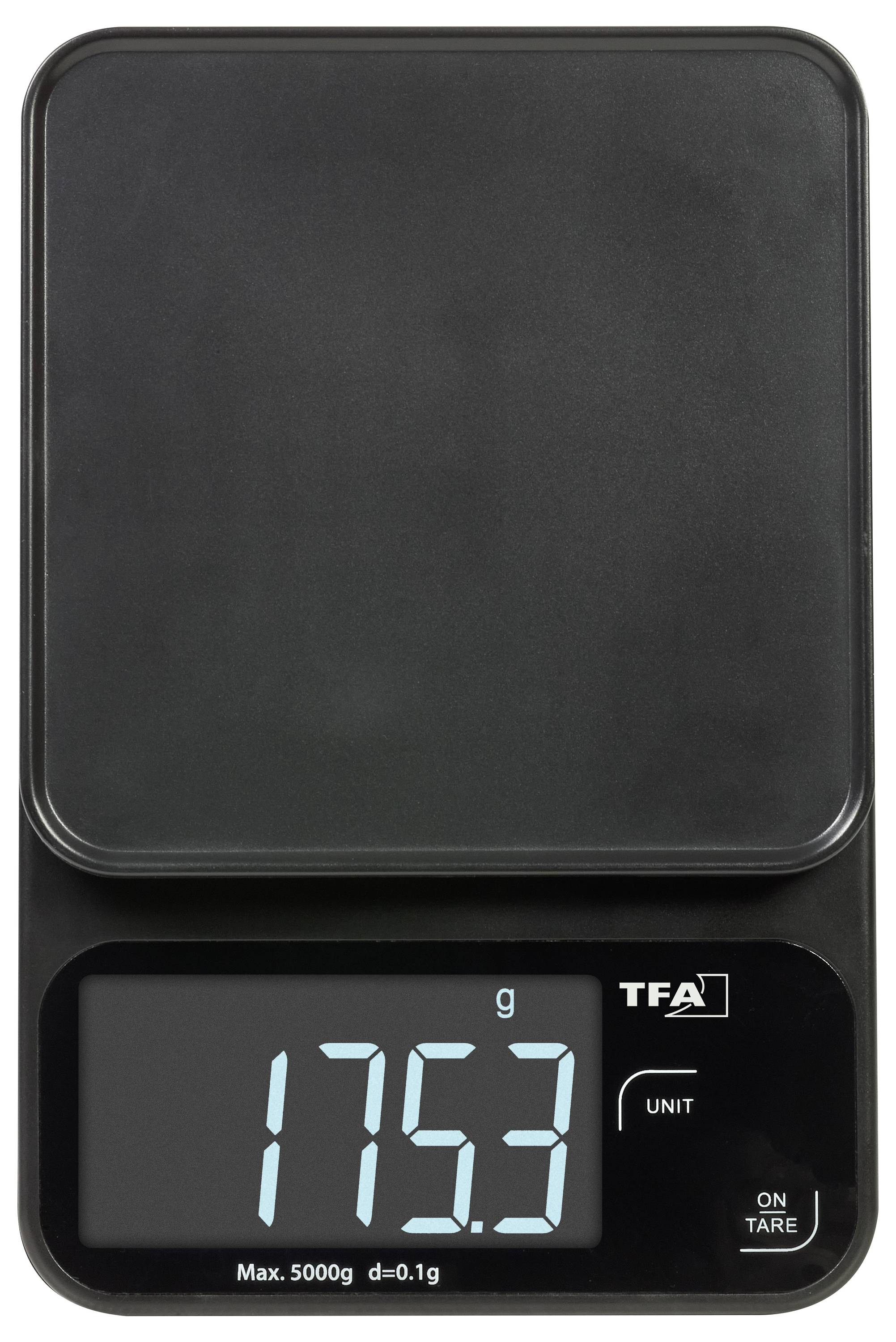 Een digitale keukenweegschaal die een gewicht van 175,3 gram aangeeft. De weegschaal is zwart met een heldere LCD-scherm waarop de meting wordt weergegeven.