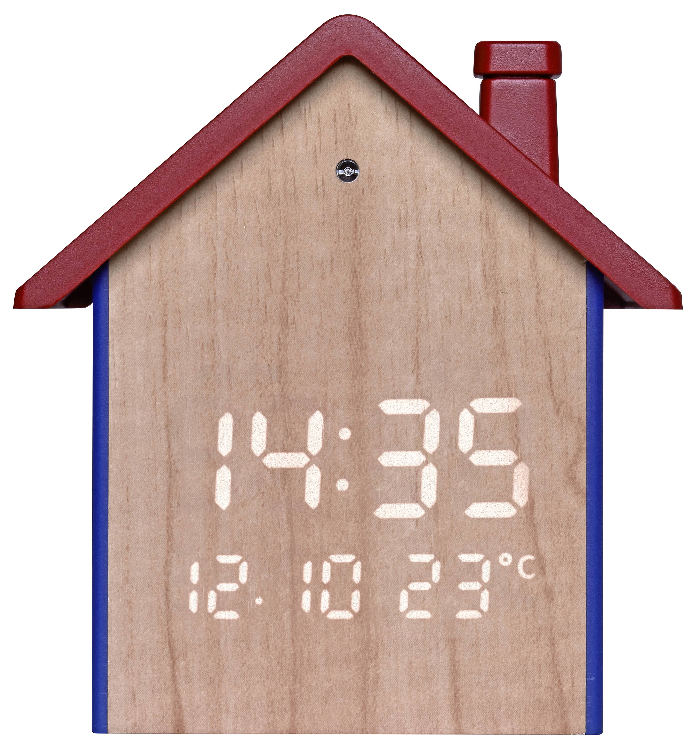 Een klok in de vorm van een houten huisje geeft de tijd '14:35', datum '12 10' en temperatuur '23°C' weer in rode digitale cijfers.