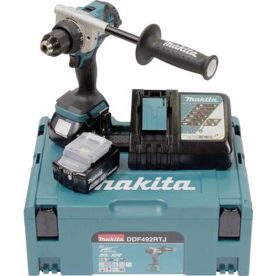 Een draadloze Makita boormachine in een koffer bevat een boormachine, oplader, handgreep, batterij en dragtas, wat het complete gereedschapspakket toont.