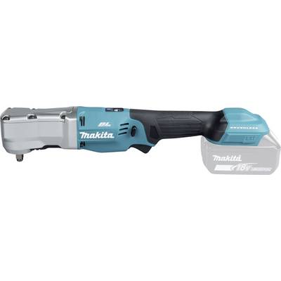 Een blauwe en grijze Makita accu-haakse slagmoersleutel met het label 'Brushless 18V', met een compacte ontwerp voor krappe ruimtes.