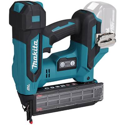Een teal en zwarte draadloze spijkerpistool met een zilveren clip en een transparant magazijn, gemerkt met 'Makita' in witte tekst aan de zijkant.