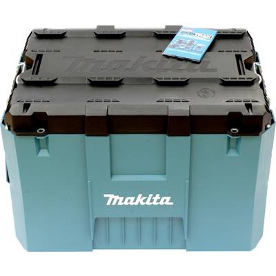 Blauwe en zwarte Makita gereedschapsopslagbox met gesloten deksel en een kleine instructiehandleiding bovenop.
