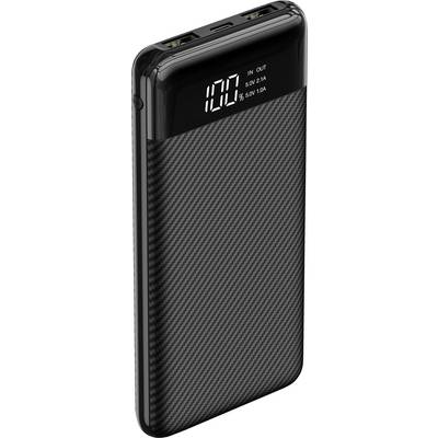 Een draagbare powerbank met een digitaal scherm dat '100%' batterijlading toont. Hij beschikt over twee USB-poorten gemarkeerd als 'IN' en 'OUT' met vermogensaanduidingen.