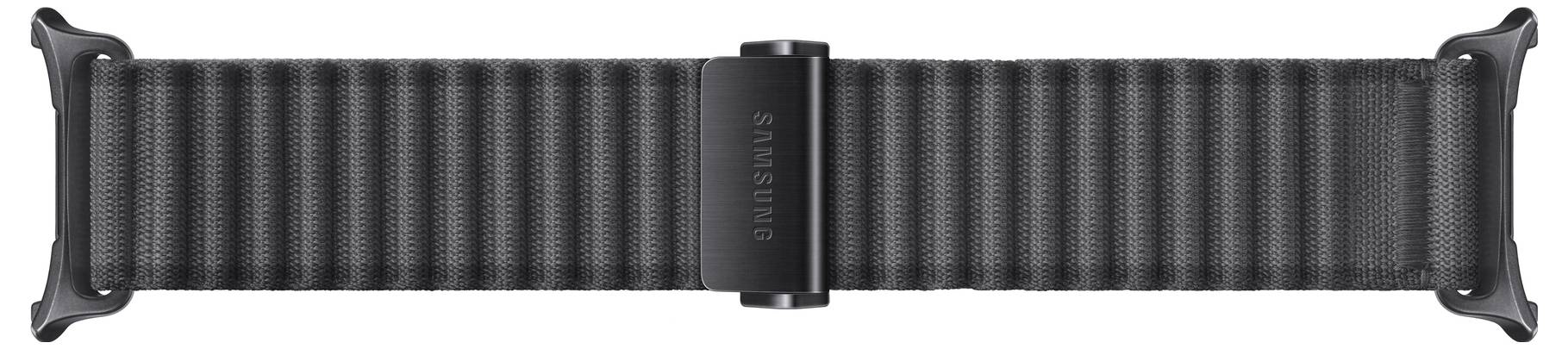 Een zwart smartwatch-bandje met geribd textuur en 'Samsung' gegraveerd op de gesp.