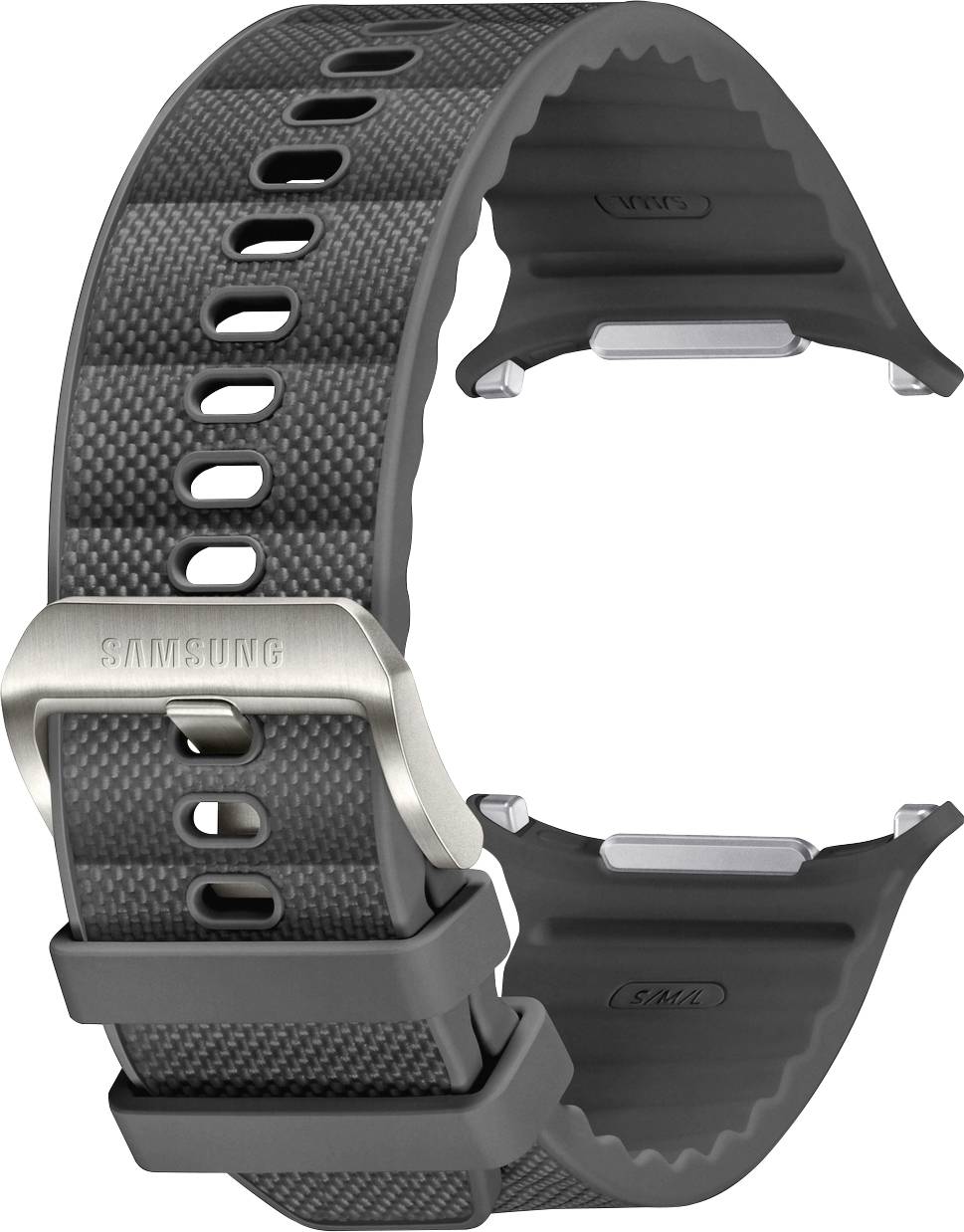 Een zwarte gestructureerde horlogeband met een metalen gesp, ontworpen voor Samsung-horloges, met meerdere verstelbare gaten en detaillering.