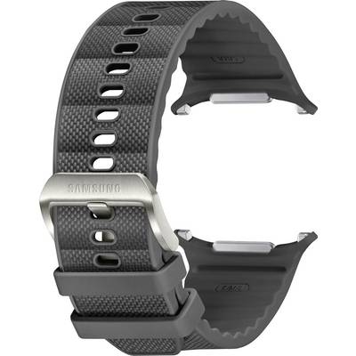 Een zwarte gestructureerde horlogeband met een metalen gesp, ontworpen voor Samsung-horloges, met meerdere verstelbare gaten en detaillering.