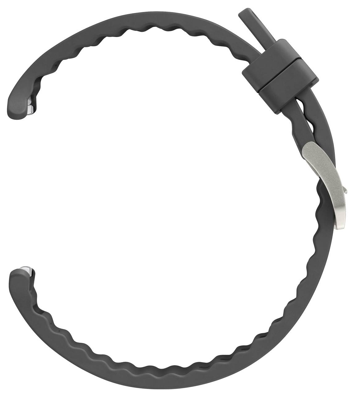 Een zwart, opgerold fietslot met een golvend ontwerp en een metalen sluiting aan één uiteinde, verticaal gepositioneerd.