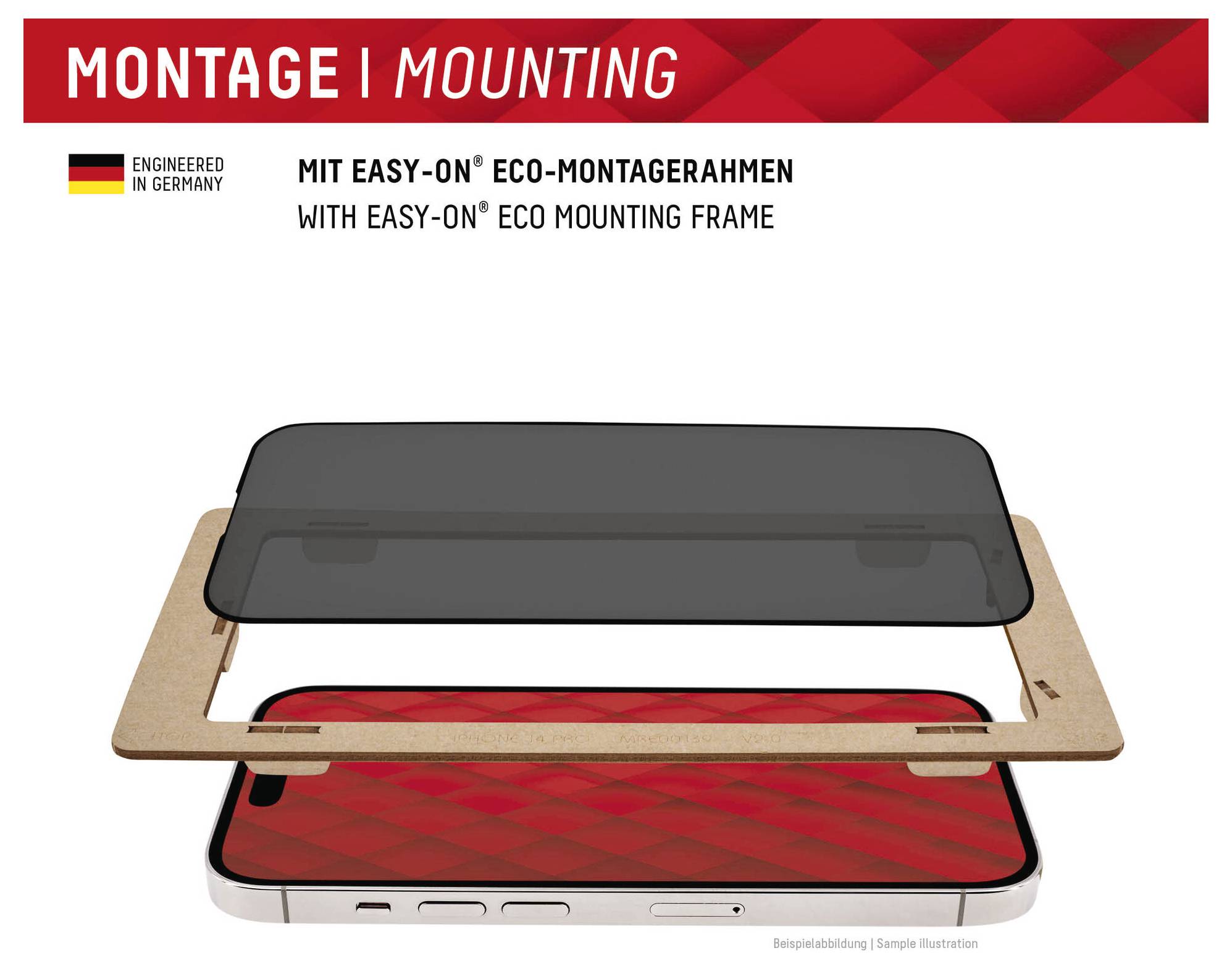 'Montage met eenvoudig-aan Eco-montageframe.' Afbeelding toont een telefoon en een montageframe, met de tekst 'Engineered in Germany.'