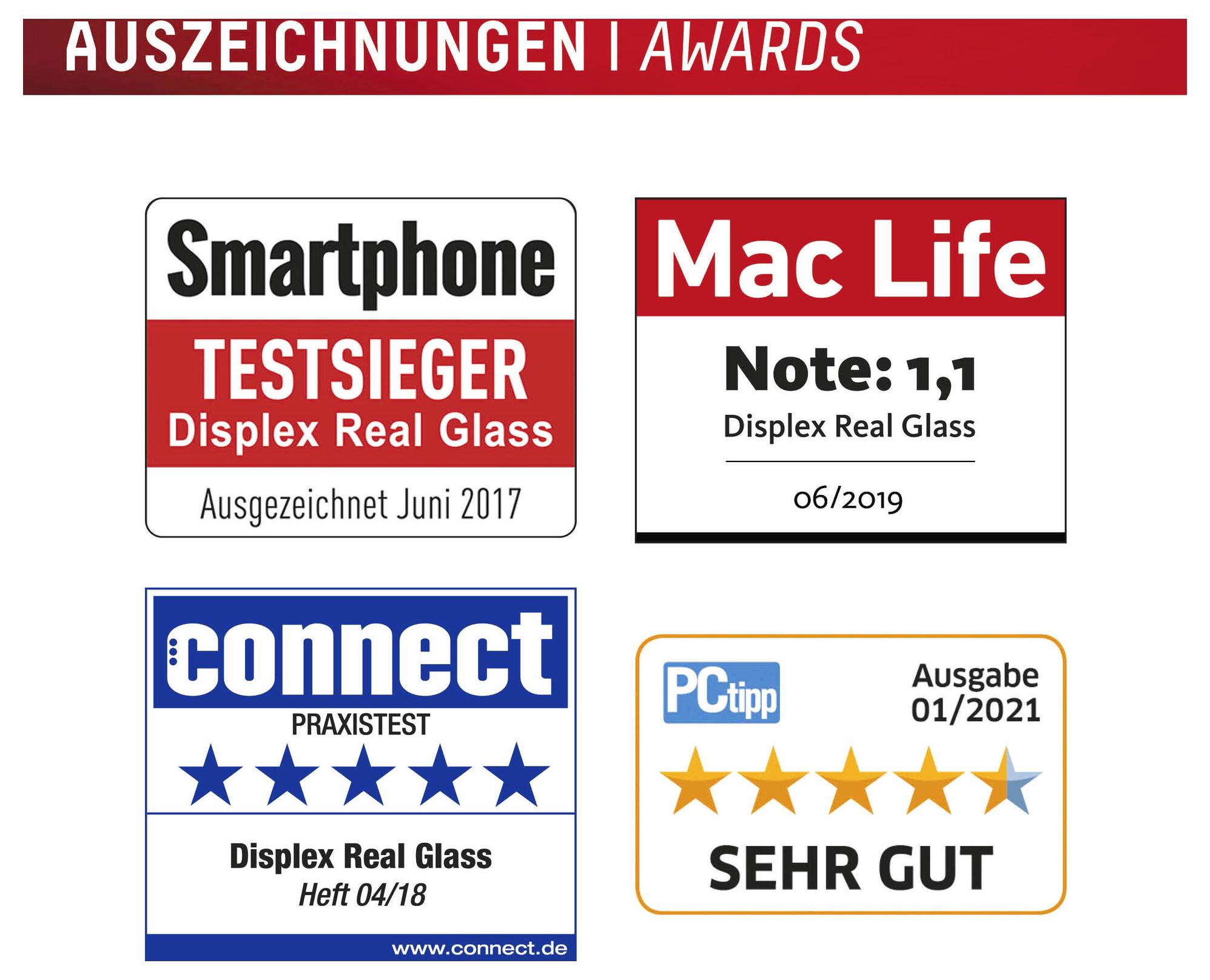 De afbeelding toont prijzen voor Displex Real Glass, waaronder 'Smartphone TESTSIEGER' juni 2017 en 'Mac Life Note: 1,1' juni 2019.