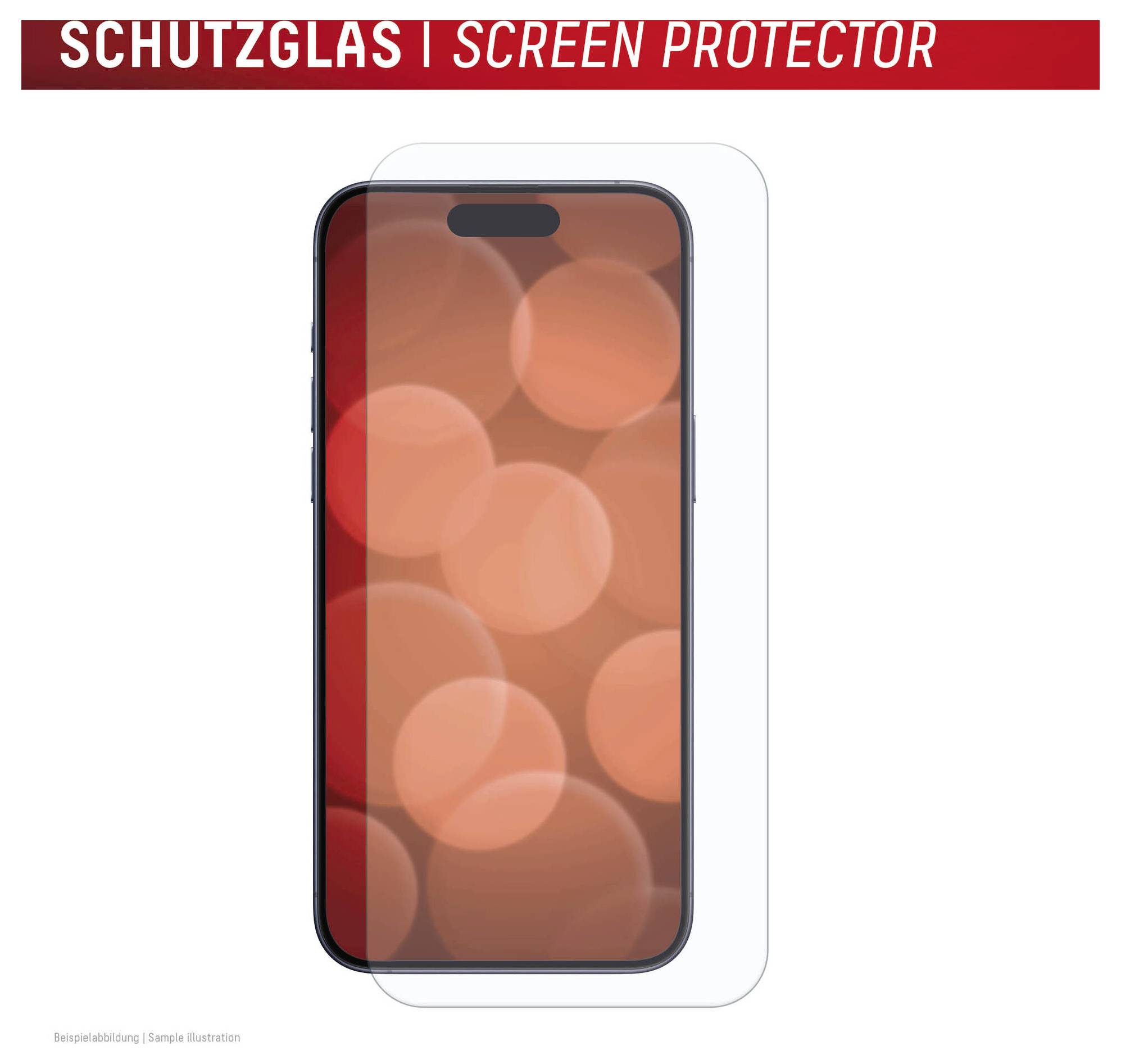 'Schutzglas Displayschutz' weergegeven op een smartphone tegen een rode bokeh-achtergrond, toont de pasvorm en dekking van de displayschutz.