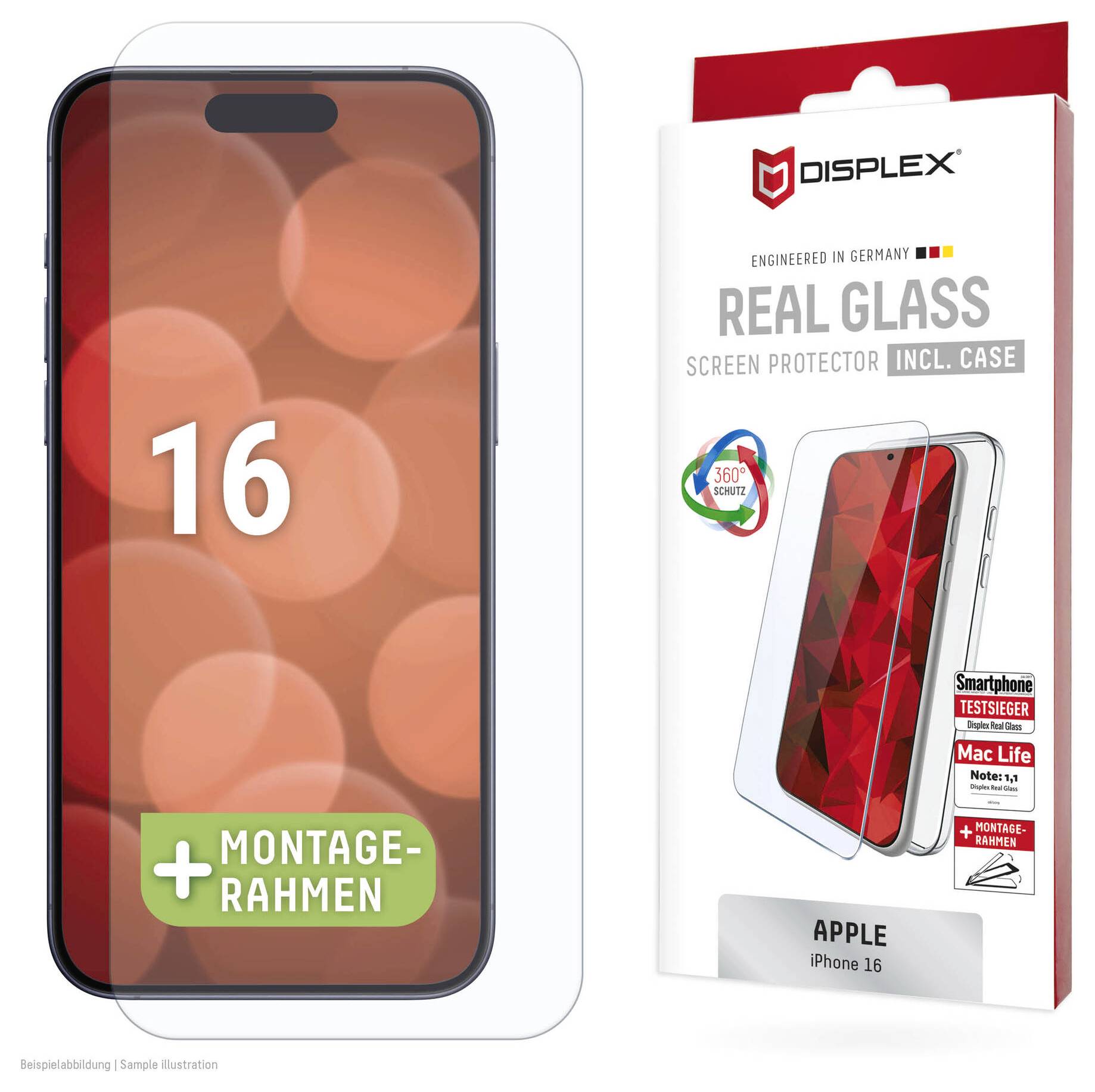 'iPhone 16' schermprotector-verpakking met een telefoon met tekst '16' en '+ Montagelijst'. De verpakking benadrukt '360° Kratbescherming'.