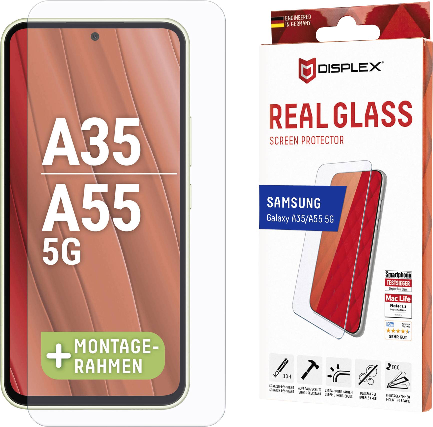 Schermprotector verpakking voor Samsung Galaxy A35/A55 5G van Displex. Bevat afbeelding van smartphone met glazen protector en installatieframe.