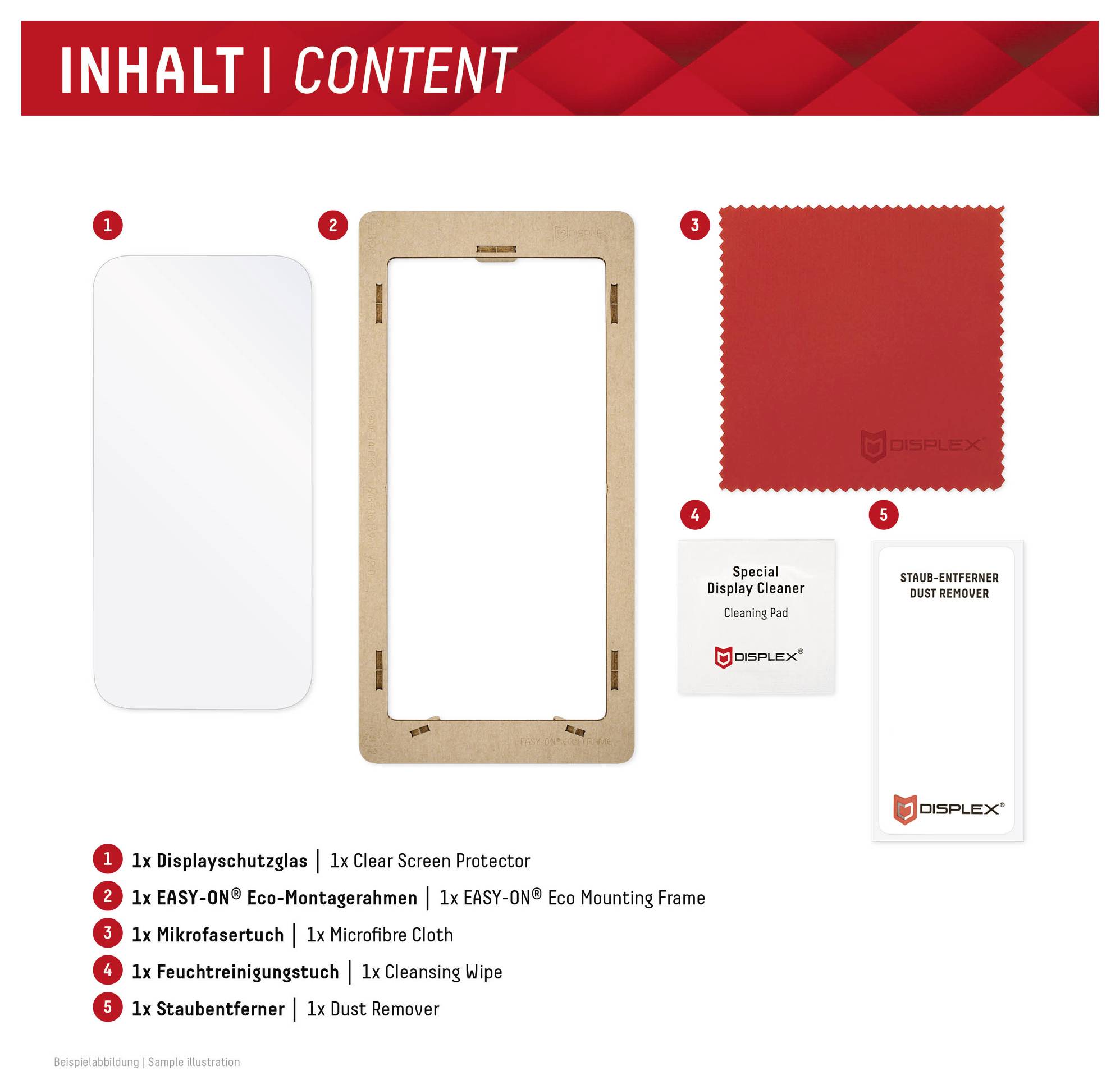 'Content' afbeelding met telefoonschermbeschermer, montageframe en schoonmaaktoebehoren. Inclusief microvezelkloek en stofverwijderaar.