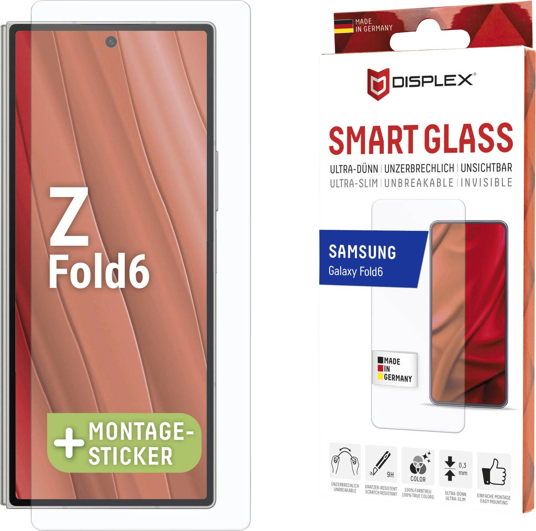 'Displex Smart Glass' schermprotector verpakking voor Samsung Galaxy Z Fold6, met telefoonafbeelding en tekst 'Z Fold6 + Montage-Sticker.'