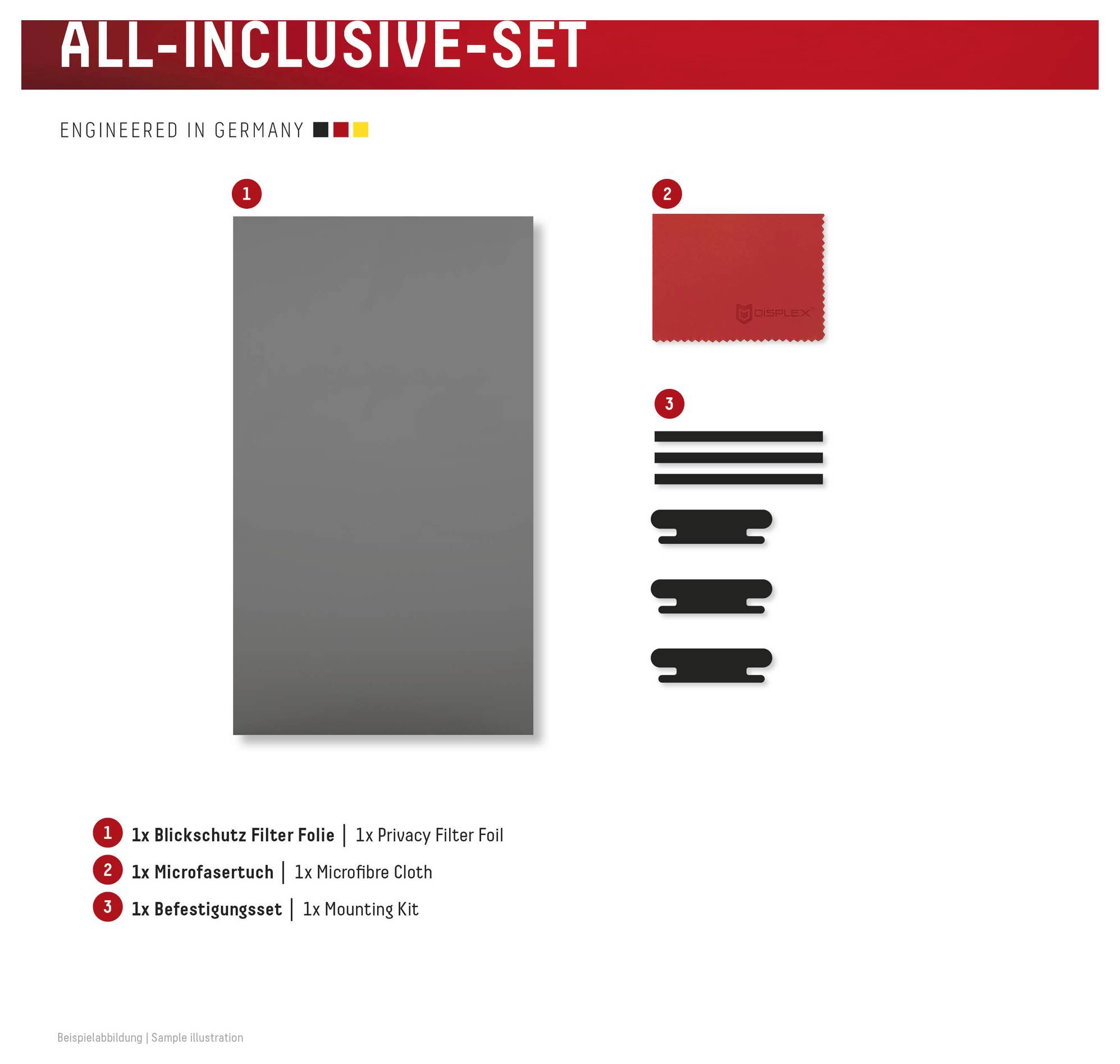 'All-Inclusive-Set': Privacyfilterfolie, microvezeldoek, montagekit. Ontwikkeld in Duitsland.