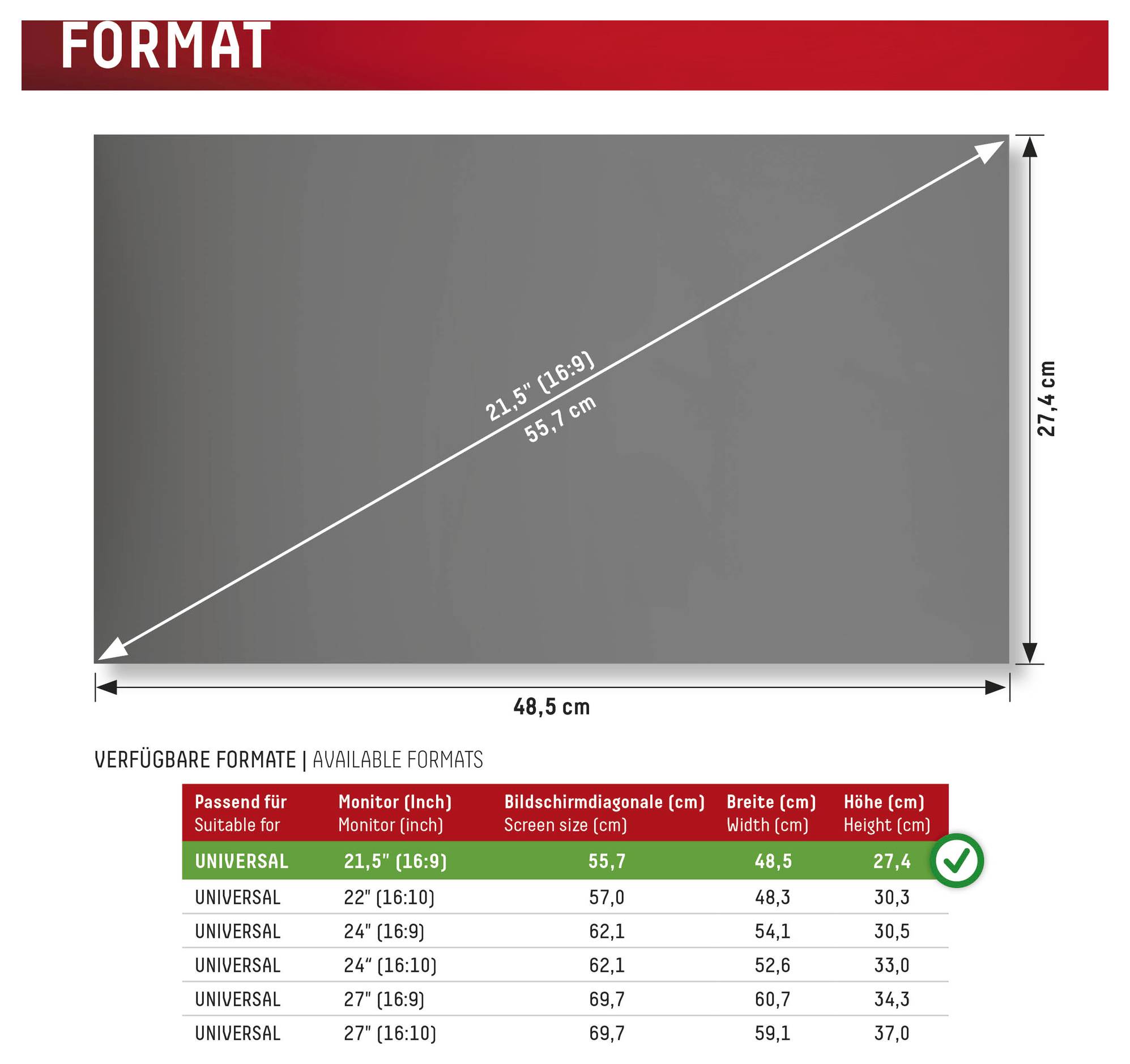 De afbeelding toont een maattabel voor universele monitorschermprotectoren, met een schermgrootte van 21,5" (16:9) en afmetingen van 48,5 cm bij 27,4 cm.