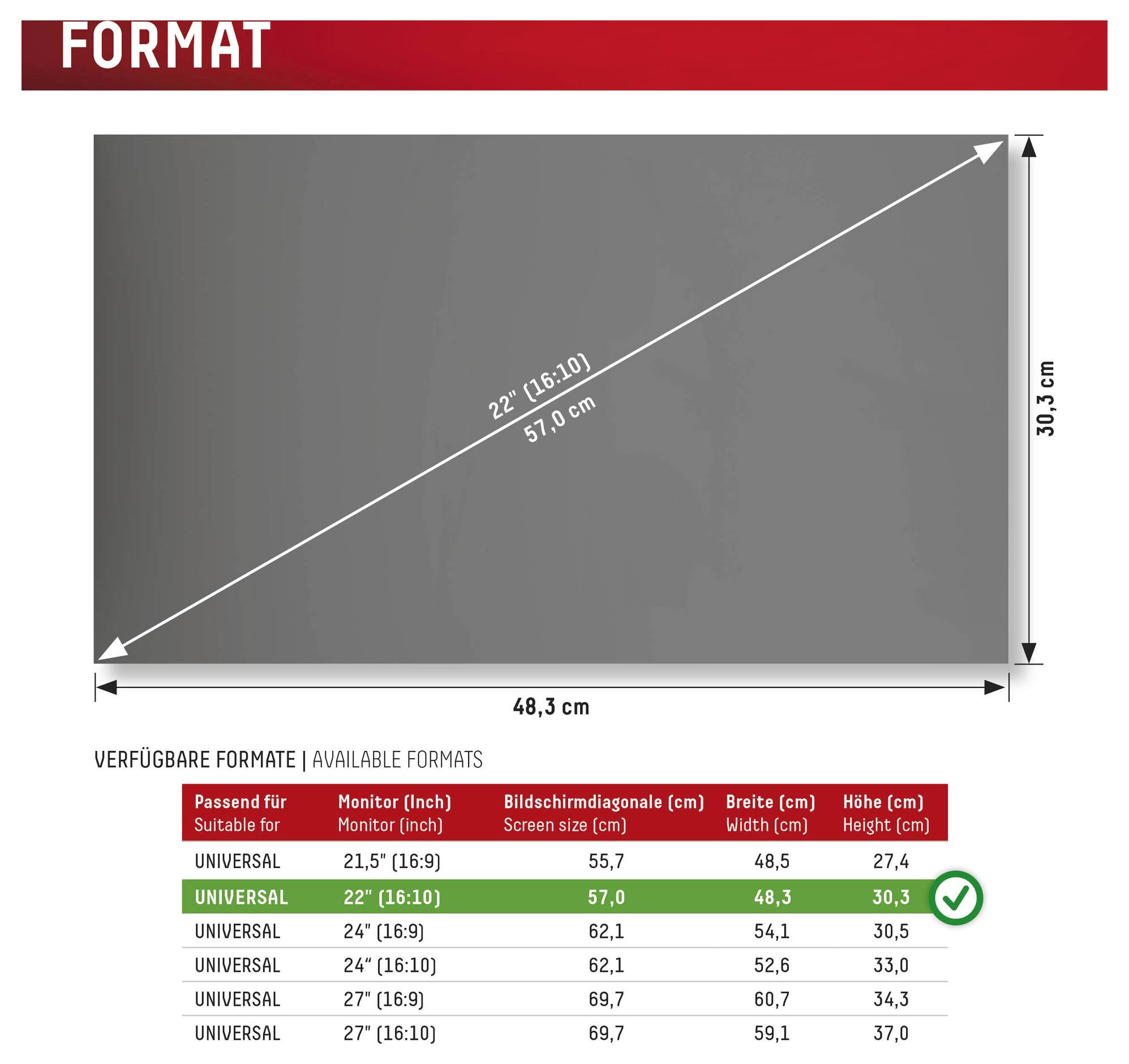 'Format'-sectie met een grafiek met afmetingen van 48,3 cm bij 30,5 cm, geschikt voor 22-inch monitoren (16:10-verhouding), dimensionenkaart hieronder.