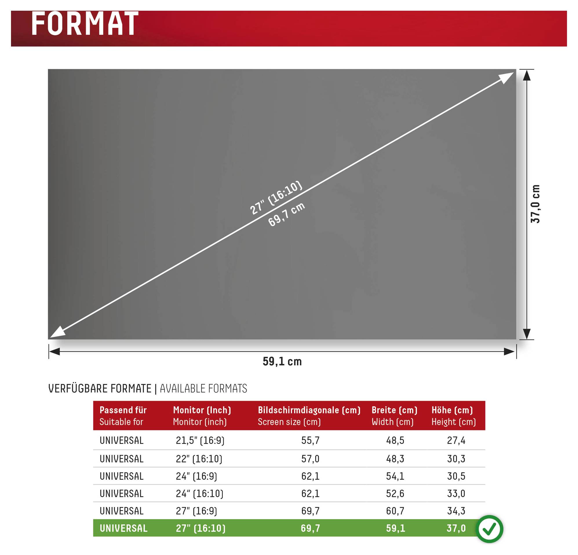 Diagram met een 27-inch (16:10) monitor met afmetingen van 59,1 cm breed bij 37,0 cm hoog, met nadruk op beschikbare universele formaten in een tabel.