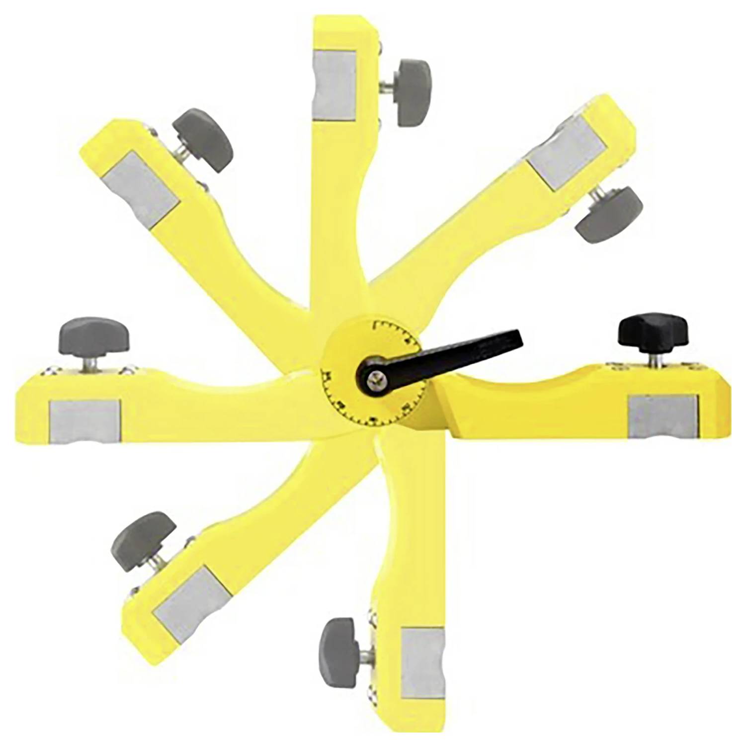 Een gele verstelbare tool met zes draaiende armen, elk eindigend in een klem met een zwarte knop, gebruikt voor het vastzetten of positioneren van objecten.