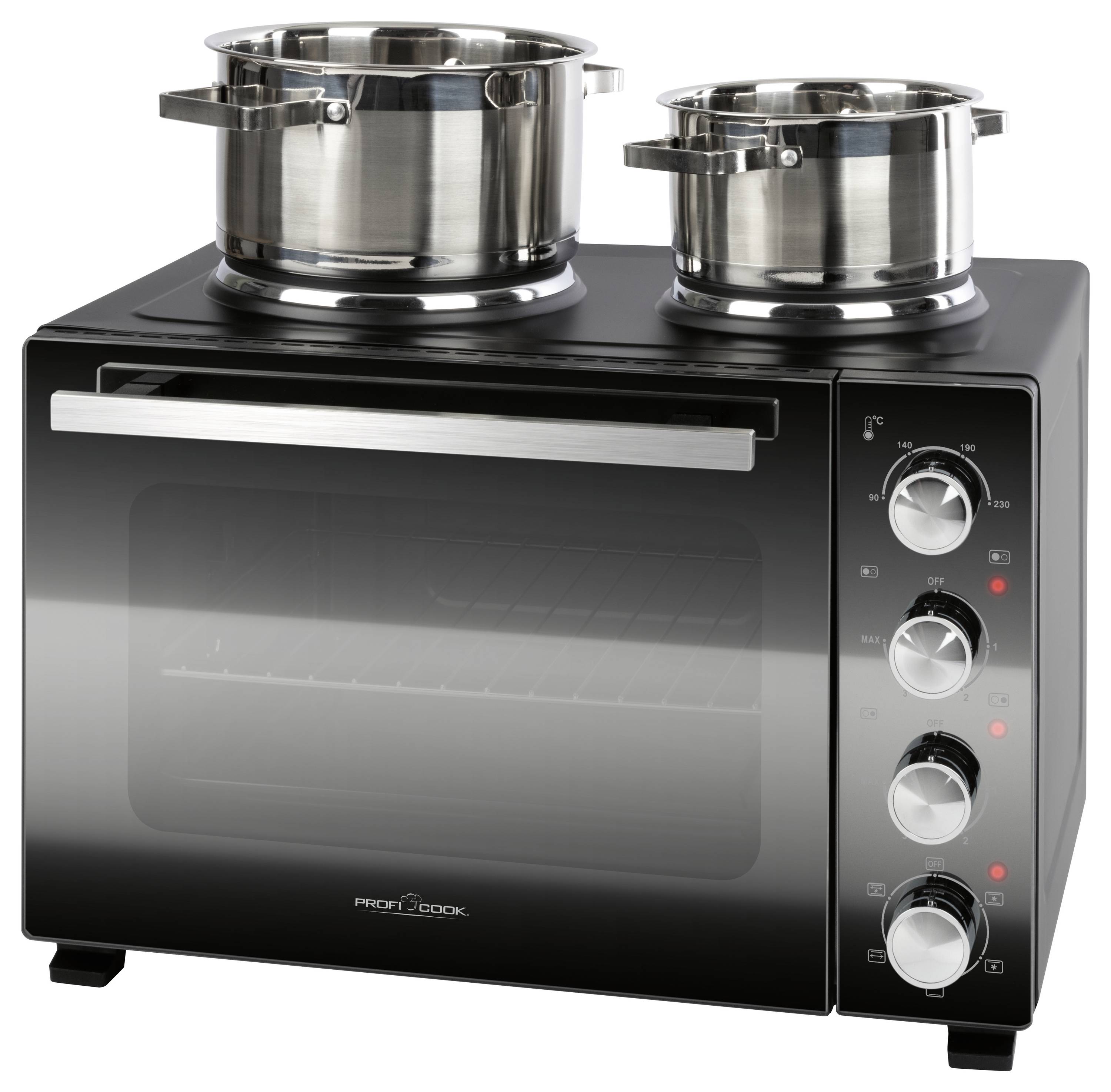 Een zwarte convectie-oven met meerdere bedieningsknoppen aan de zijkant, met twee roestvrijstalen pannen bovenop geplaatst.