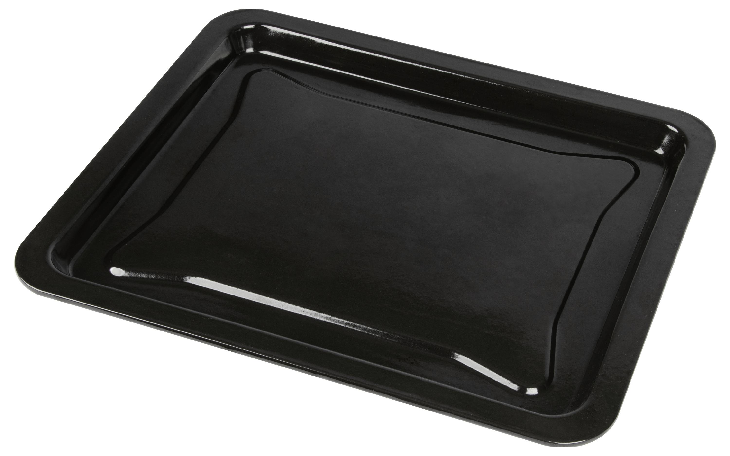 Een zwarte rechthoekige bakplaat met ondiepe randen, geschikt voor bakken of roosteren in een oven.