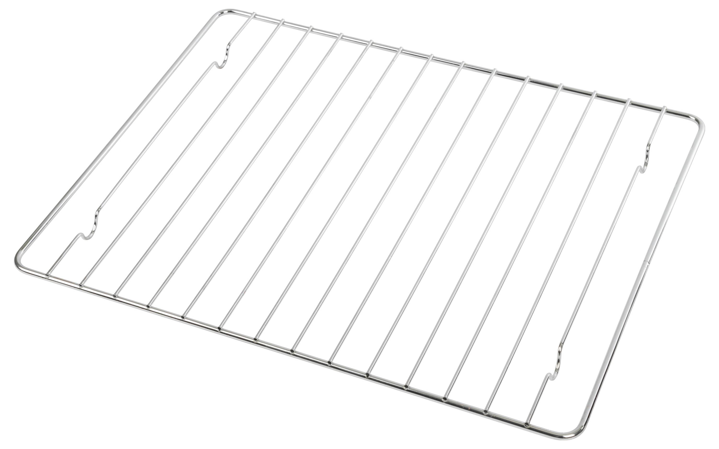 Een metalen ovenrooster met gelijkmatig verdeelde staven, ontworpen om voedselproducten te dragen tijdens het bakken of roosteren in een oven.