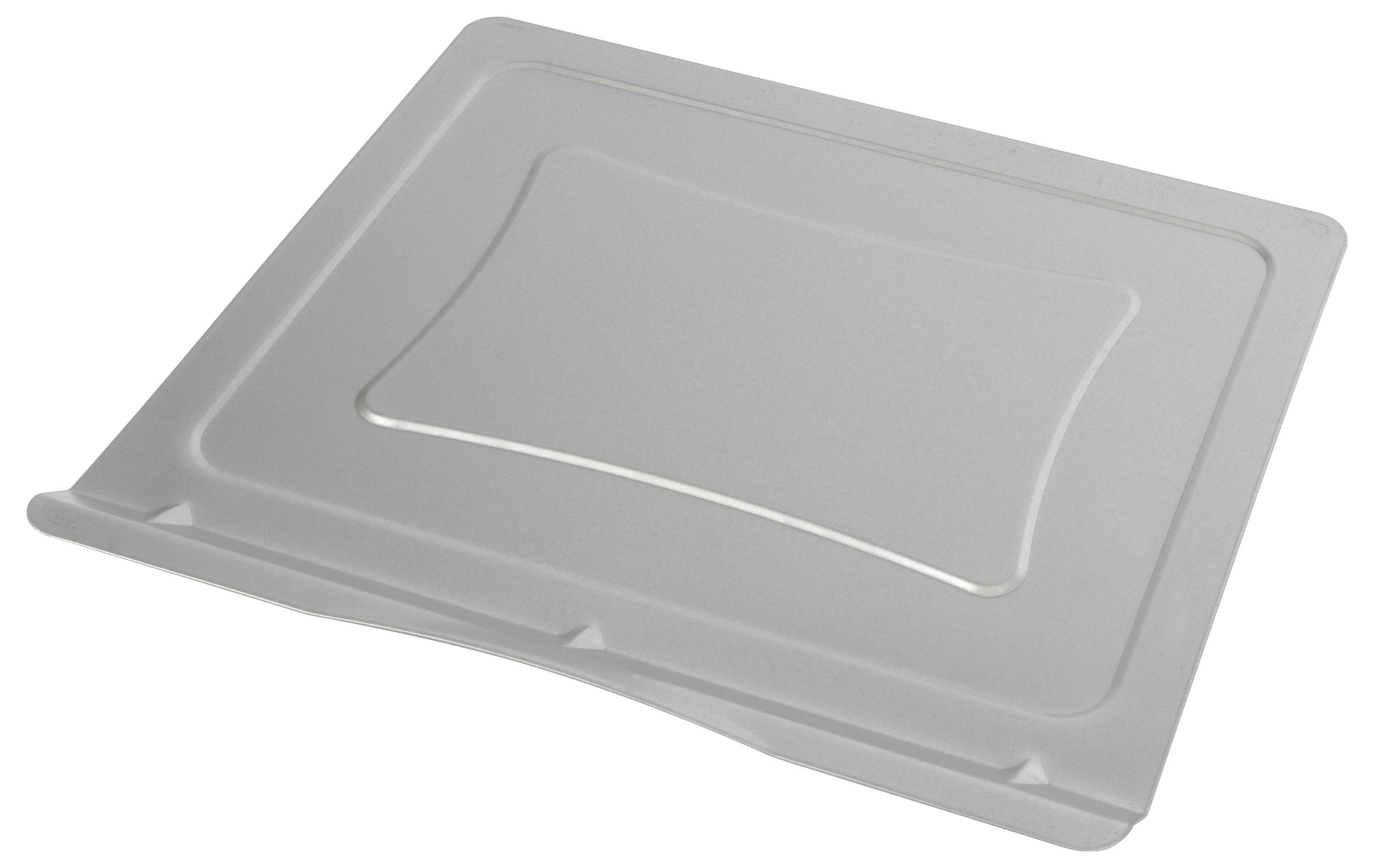 Een grijze rechthoekige plastic deksel met een verhoogde rand en een licht verdiept midden.