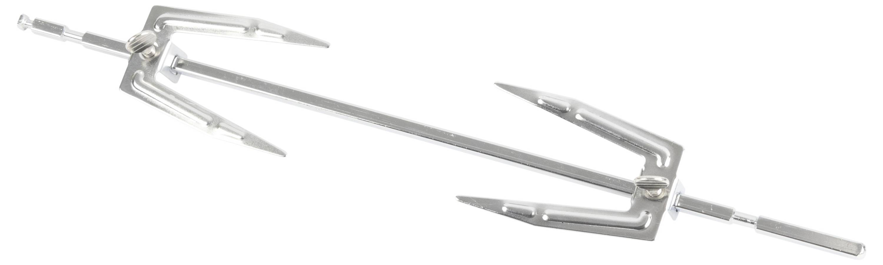 Een metalen chirurgische retractor met verstelbare armen en puntige uiteinden, ontworpen voor het terugduwen van weefsel tijdens operaties.