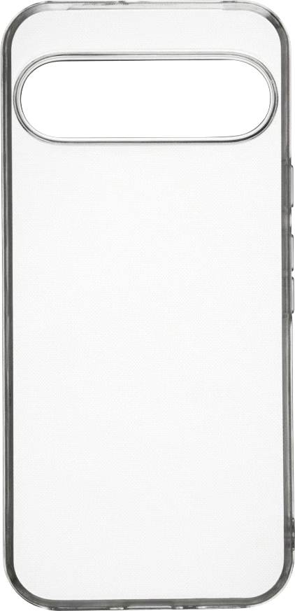 Een transparante smartphonebehuizing met een ovale uitsparing nabij de bovenkant, speciaal ontworpen voor een dubbele cameraconfiguratie.
