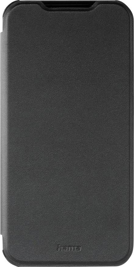 Een zwarte telefoon flipcase met een gladde textuur en subtiele branding onderaan.