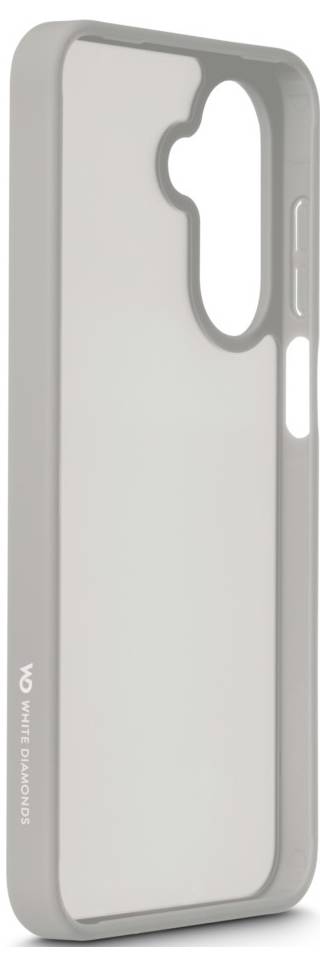 Een transparante smartphone-hoes met een grijze rand, voorzien van uitsnijdingen voor knoppen en camera. De merknaam 'White Diamonds' staat aan de zijkant.