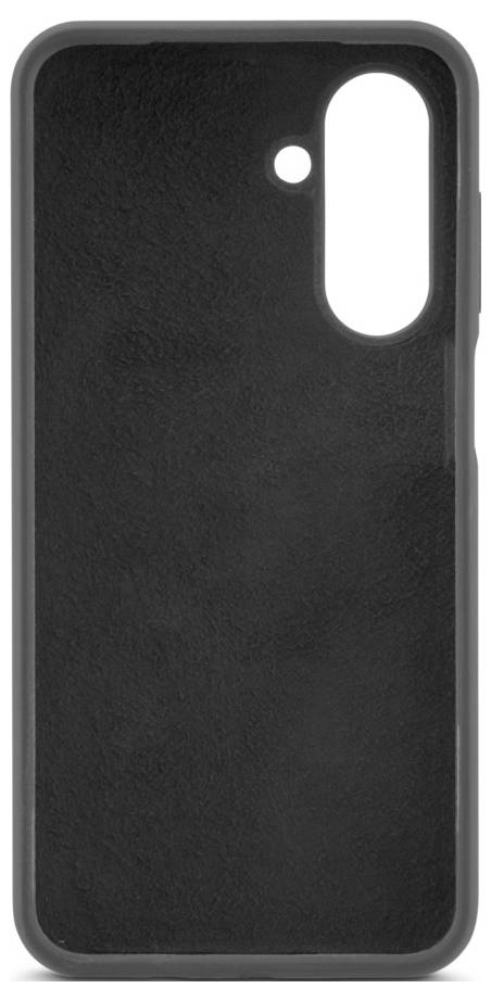 Een zwarte smartphonehoes met een grote opening voor de camera en flitser, met een gestructureerd oppervlak en gladde randen.