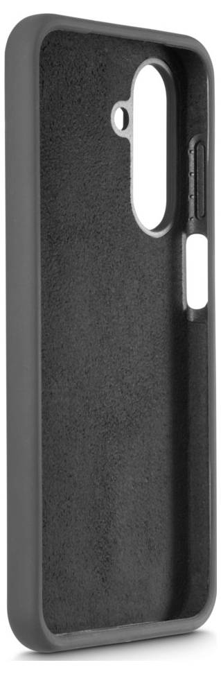 Een zwarte smartphonehoes met een gestructureerde binnenkant en openingen voor de camera en knoppen.