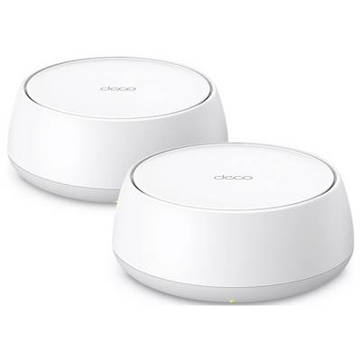 Twee witte, ronde Wi-Fi-routers naast elkaar geplaatst, beide aan de bovenkant voorzien van het label 'deco', ontworpen voor thuisnetwerk-connectiviteit.