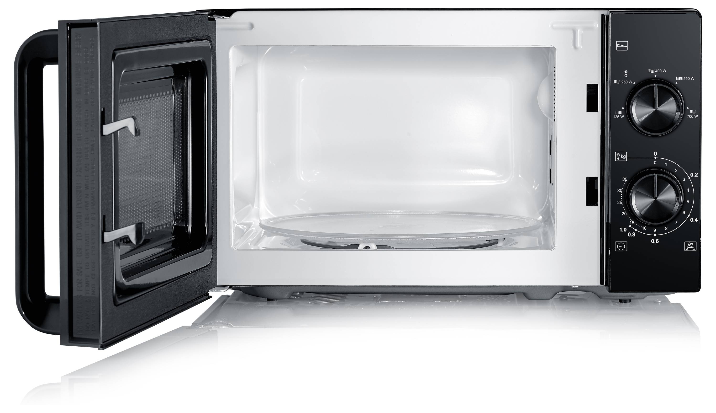 Een magnetronoven met de deur open, waaruit een lege binnenkant en bedieningsknoppen aan de rechterkant zichtbaar zijn.