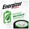 'Reclame voor Energizer Max-batterijen: "Bevat gerecyclede materialen, tot 10% gerecycled staal." Alleen AA/AAA.'