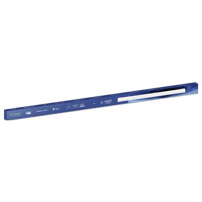 Lange blauwe doos verpakking voor een V-TAC merk product, gelabeld '40W LED Batten 4000K'. Inclusief specificatie-pictogrammen en modelgegevens.