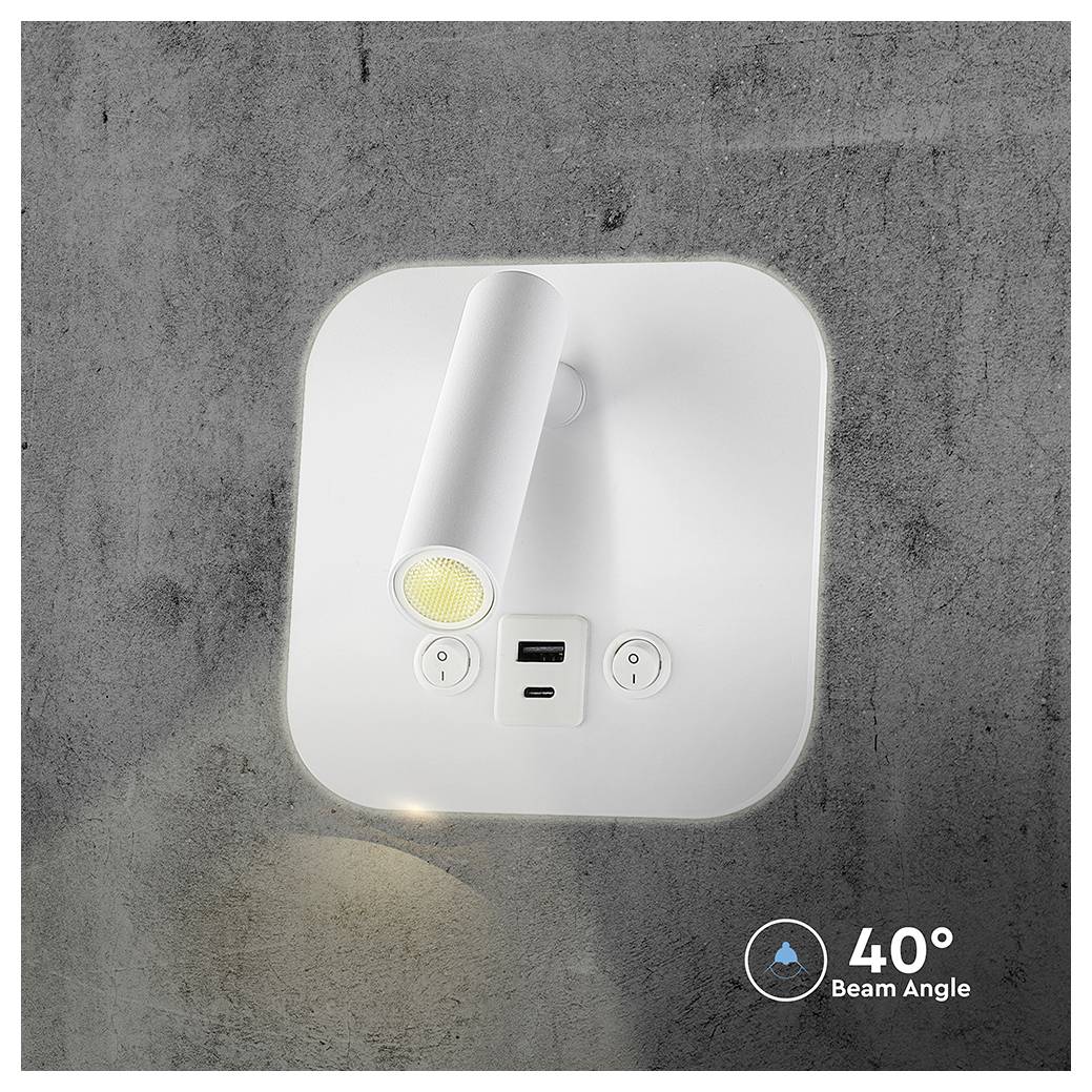 Een aan de muur bevestigde witte schijnwerper met USB-poorten is schuin naar beneden gericht tegen een grijze gestructureerde achtergrond. Tekst leest: '40° Openingshoek'.