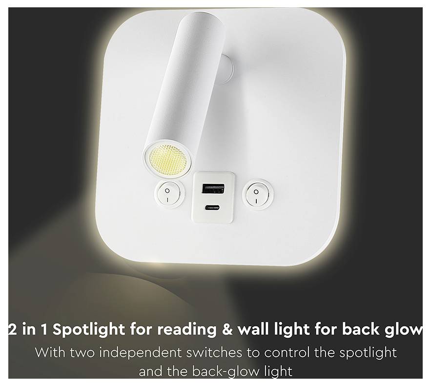 'Een witte wandgemonteerde 2-in-1 spot- en achtergrondverlichting met twee USB-poorten en schakelaars voor spot- en achtergrondverlichting controle.'