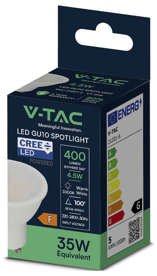 'V-TAC LED GU10 spot verpakking met 400 lumen, 4,5W, warm wit, 100° stralingshoek, energieklasse G, 35W equivalent.'