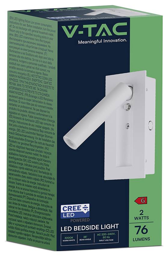 'V-TAC' LED bedlampje, voorzien van een witte, schuin geplaatste verlichtingsarmatuur. Belangrijkste specificaties zijn 2 watt vermogen en 76 lumen helderheid.