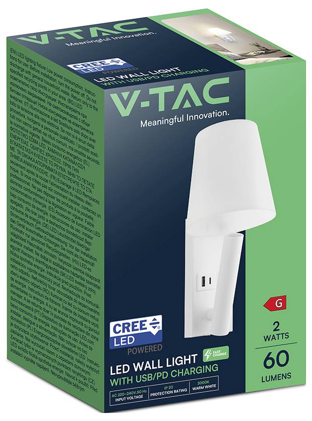 Doos afbeelding van een V-TAC LED wandlamp met USB/PD-oplaadfunctie, 2 watt, 60 lumen. Belangrijkste kenmerken zijn energiezuinigheid en een compacte vormgeving.