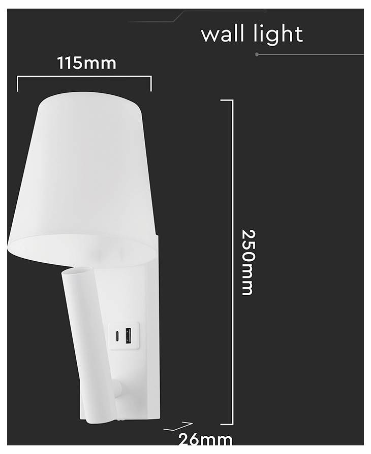Wandlamp met USB-oplaadpoort, met een breedte van 115 mm, een hoogte van 250 mm en een diepte van 26 mm. Wit, modern design.