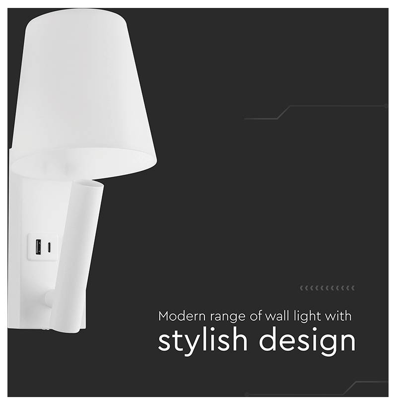 Een moderne witte wandlamp met een conische kap en USB-poort bevindt zich aan de linkerkant. Tekst luidt: 'Modern assortiment wandlampen met stijlvol design.'