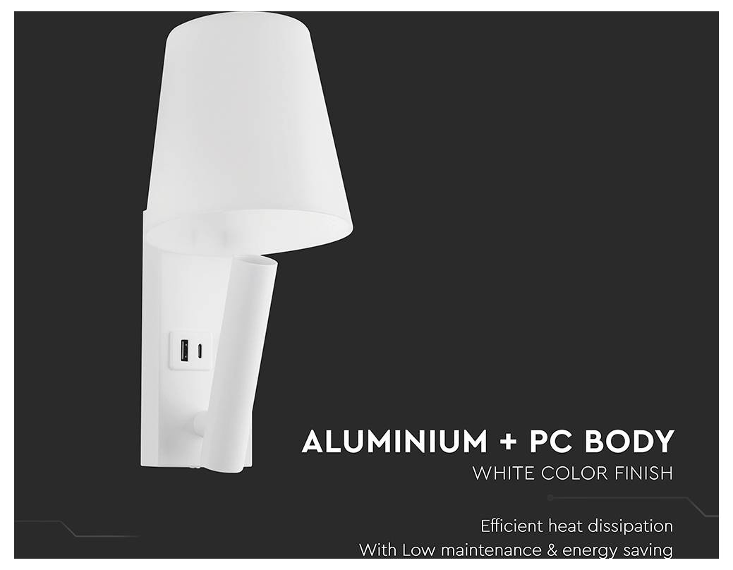 Wandgemonteerde, witte lamp met een conische kap en USB-aansluiting, gelabeld als 'ALUMINIUM + PC BODY WIT KLEURFINISH', die efficiëntie en energiebesparing benadrukt.