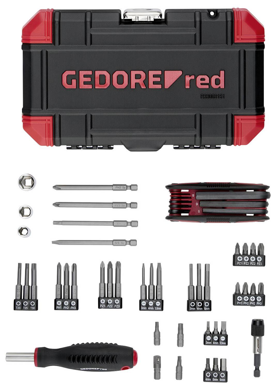 'GEDORE red' gereedschapsset bevat een zwarte en rode behuizing, meerdere schroevendraaiers, bits en een ratelsleutel, netjes gerangschikt in rijen.